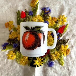 Vintage Tangerine Fruit Milk Glass Mug: 70s 80s